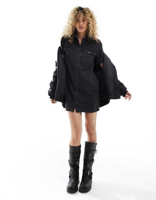 Noisy May rolled sleeve denim mini dress in washed black, 3 of 4