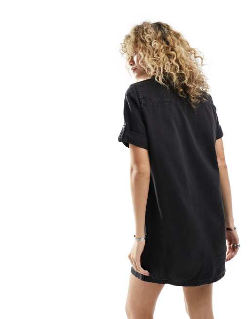 Noisy May rolled sleeve denim mini dress in washed black, 4 of 4