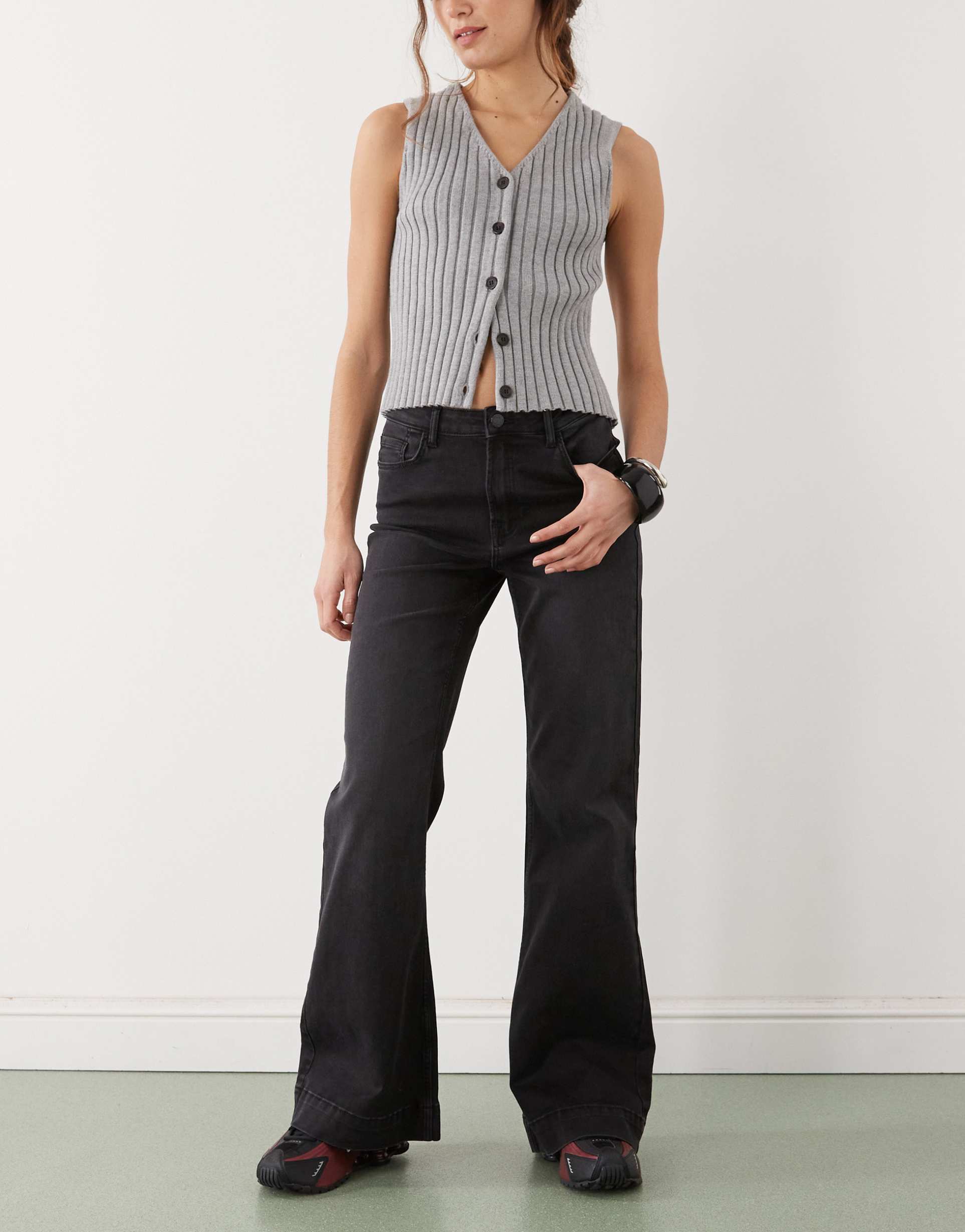 noisy may rooxy high rise flares in black denim