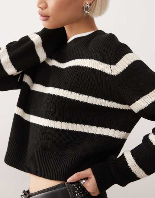 Noisy May round neck jumper in black & cream stripe, 2 of 4