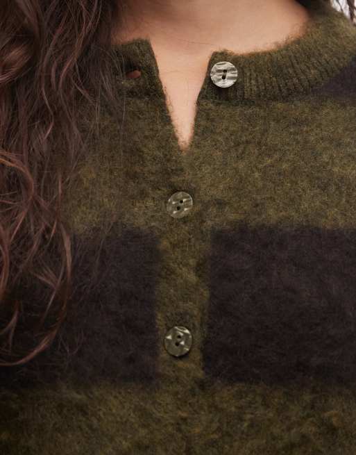 Noisy May round neck knit cardigan in brown & khaki stripes, 2 of 4