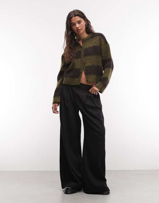 Noisy May round neck knit cardigan in brown & khaki stripes, 3 of 4