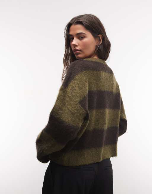 Noisy May round neck knit cardigan in brown & khaki stripes, 4 of 4