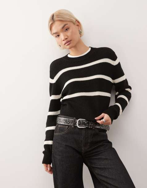 Noisy May round neck sweater in black & cream stripe - view 1