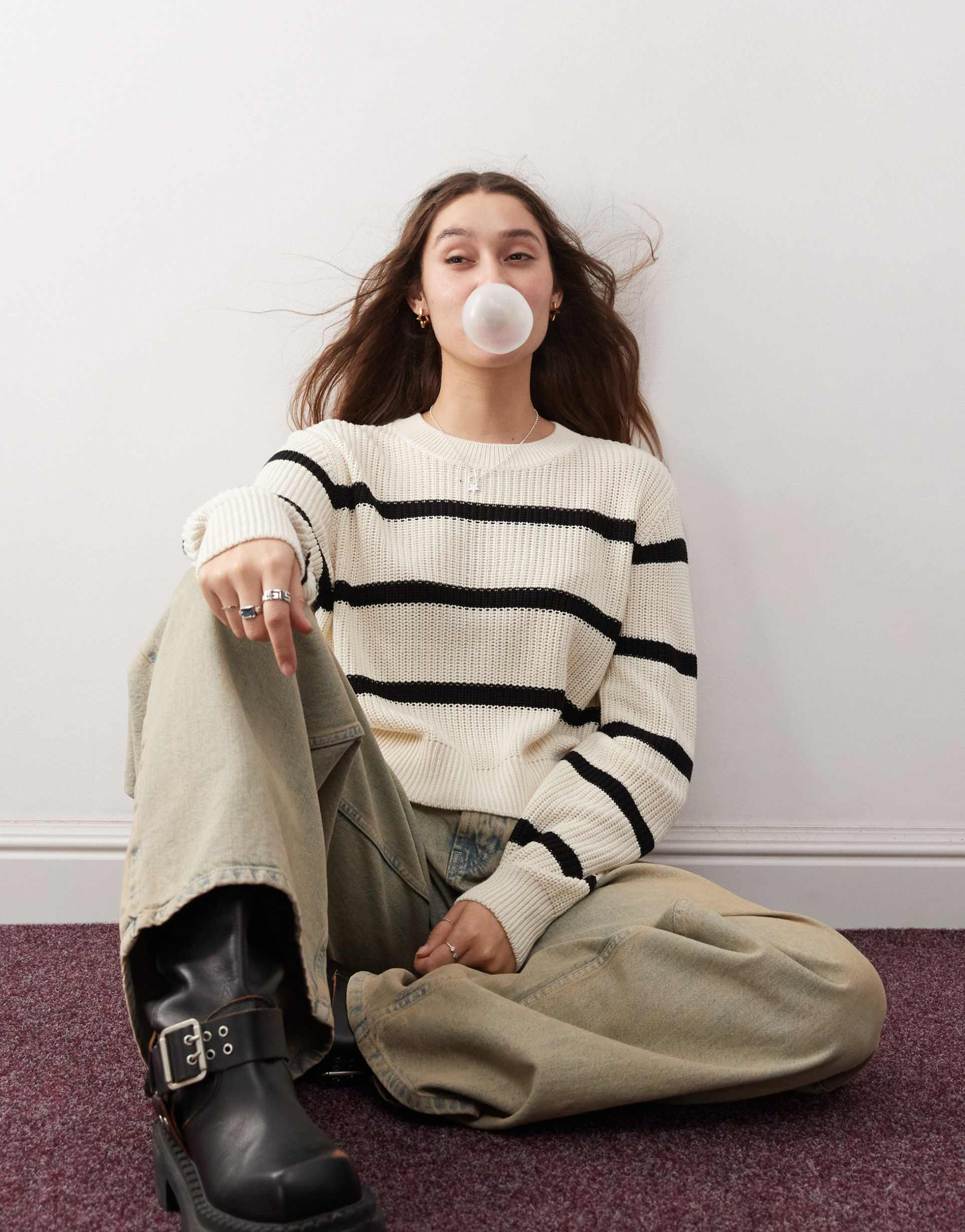 noisy may round neck sweater in cream & black stripe