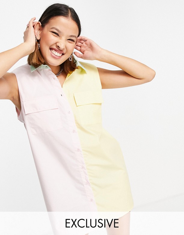 Noisy May – RÓżowo-żÓłta sukienka koszulowa z poduszkami na ramionach i blokami kolorÓw RÓżowy i żÓłty Na Sprzedaż 