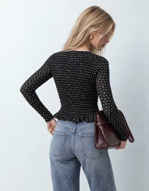 Noisy May ruched detail long sleeve top in black polka dot, 7 of 8
