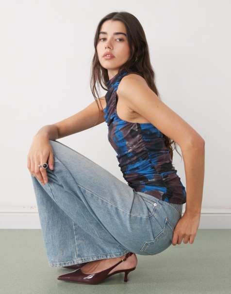 Noisy May ruched halter neck top in blue print - view 1