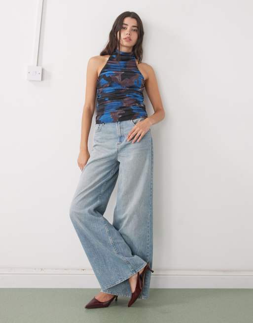 Noisy May ruched halter neck top in blue print, 3 of 4