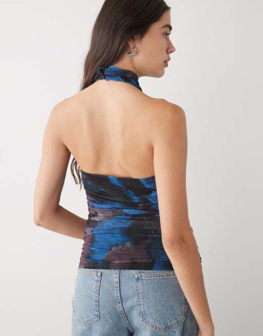 Noisy May ruched halter neck top in blue print, 4 of 4