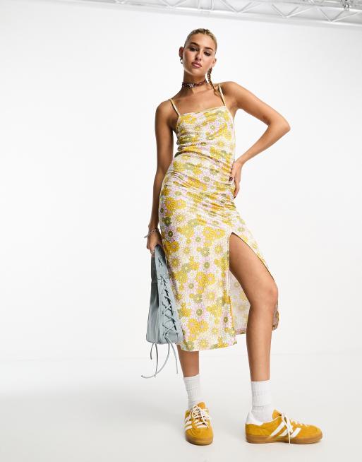 Cupped Floral Print High Side Split Ruched Midi Dress Yellow