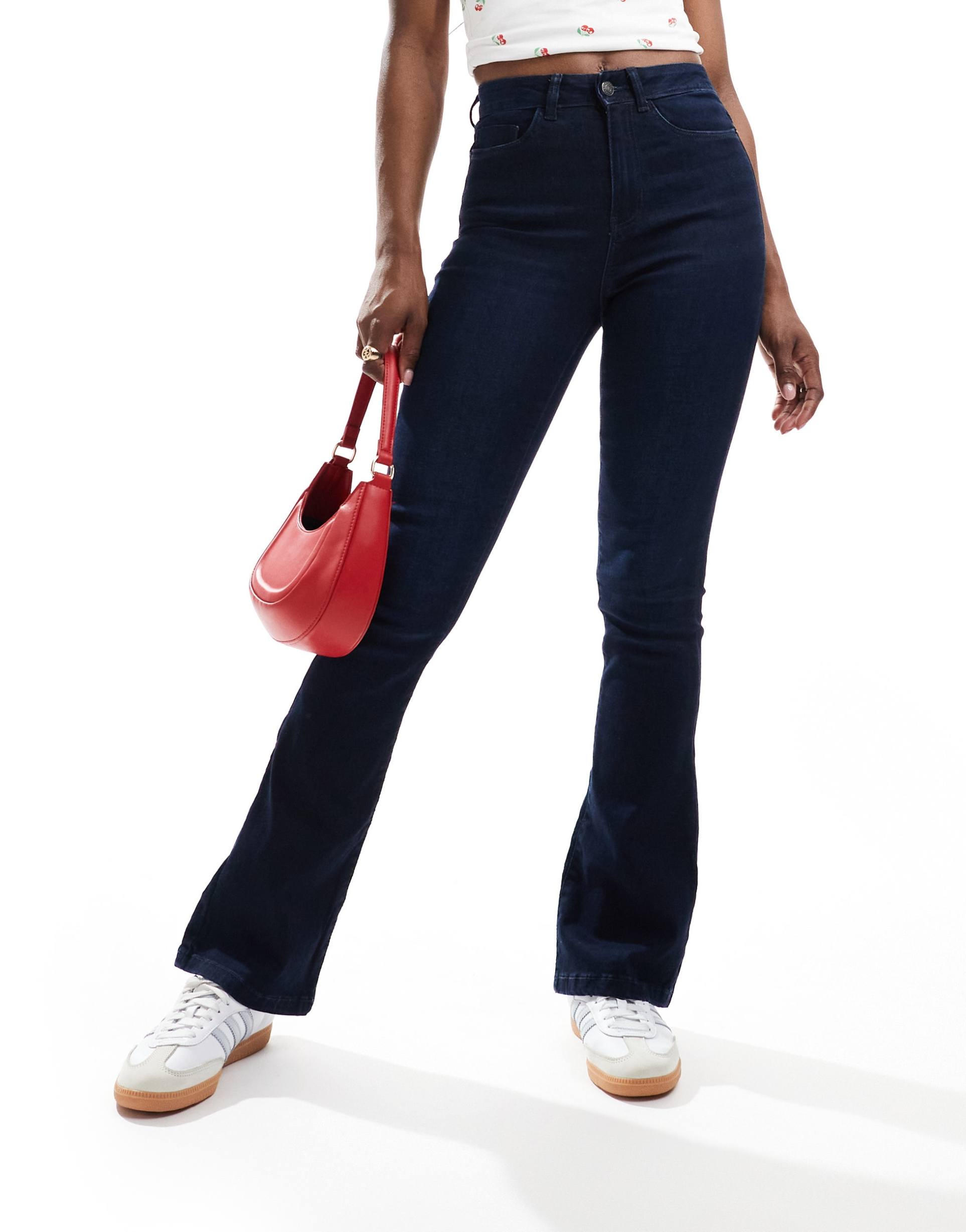 noisy may sallie high rise slim flare jeans in dark blue wash