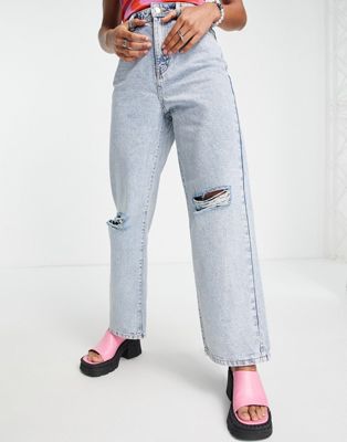 Noisy May Sallie ripped knee acid wash wide leg jeans in light blue - ASOS Price Checker