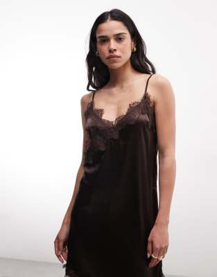 Noisy May satin asym lace hem midi slip dress in chocolate