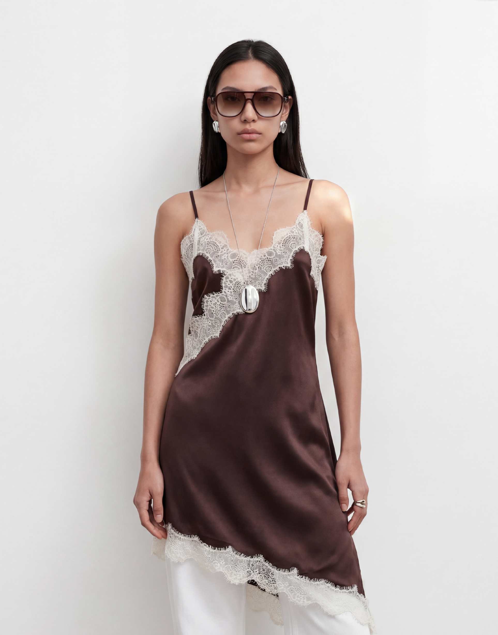 noisy may satin asym lace hem midi slip dress in chocolate