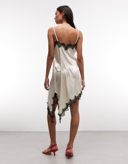 Noisy May satin asym lace hem midi slip dress in cream, 4 of 4