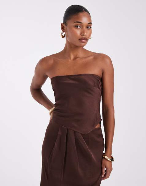 Noisy May satin corset top co-ord in chocolate brown - view 1