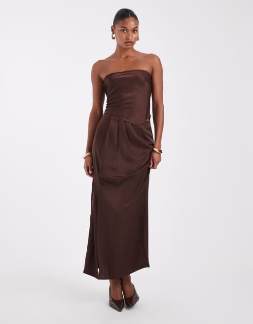 Noisy May satin corset top co-ord in chocolate brown, 2 of 4