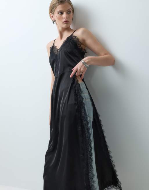 Noisy May satin lace maxi slip dress in black, 4 of 5