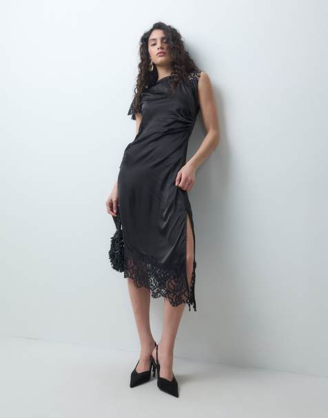 Noisy May satin maxi dress with lace details in black - view 1
