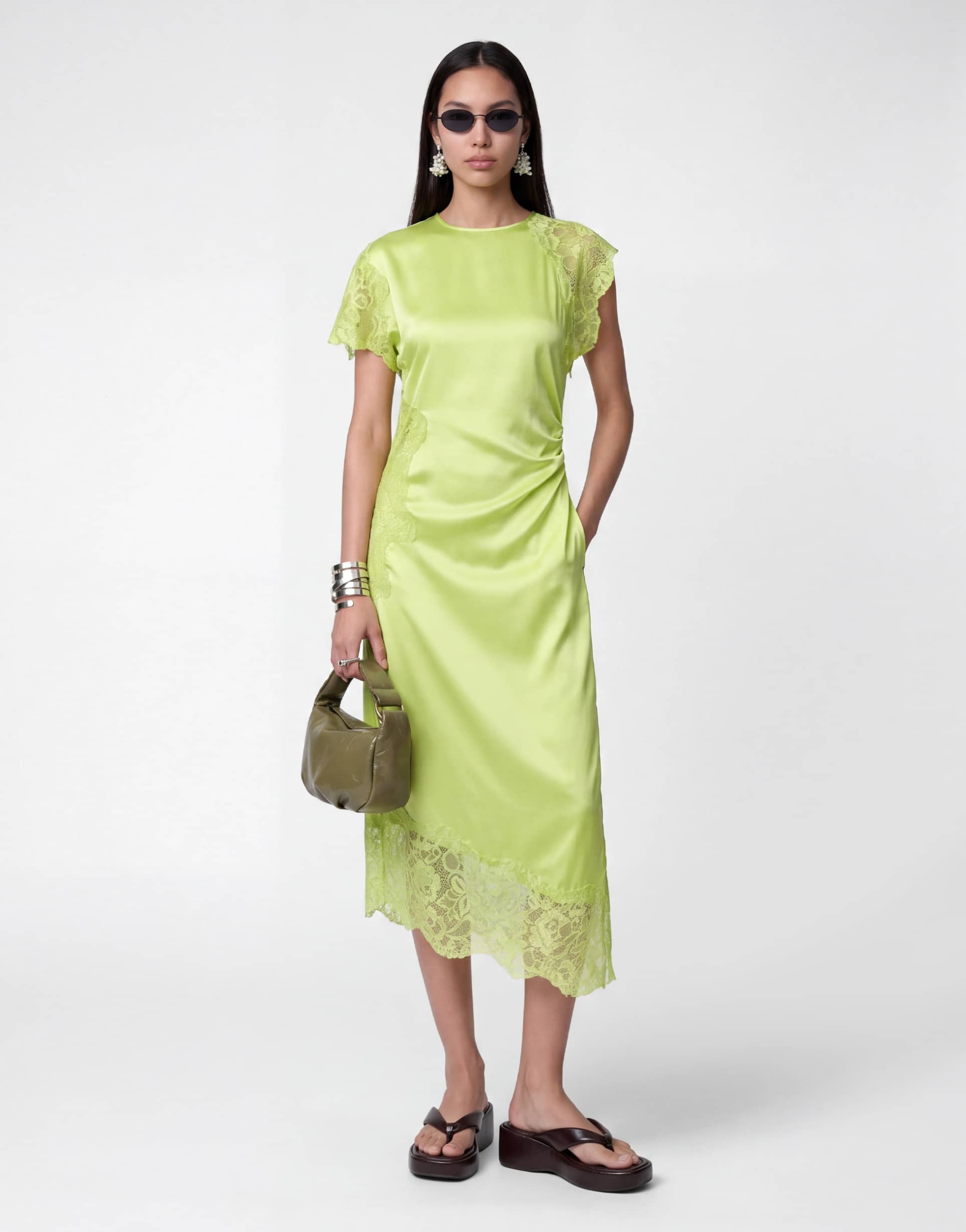 noisy may satin maxi dress with lace details in green