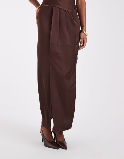 Noisy May satin maxi skirt set in chocolate brown, 3 of 5