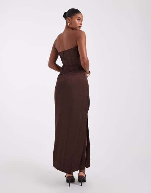 Noisy May satin maxi skirt set in chocolate brown, 5 of 5