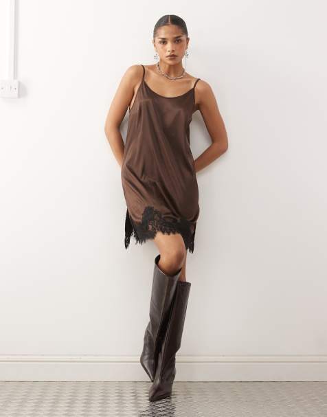 Noisy May satin mini dress with lace hem in chocolate