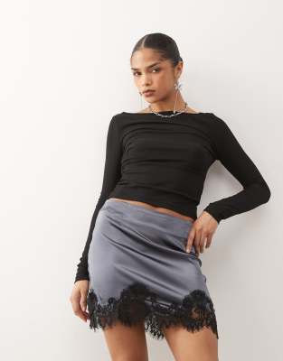 Noisy May Satin Mini Skirt With Lace Trim In Blue