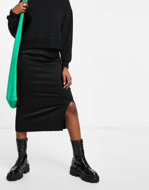 Noisy May satin slip midi skirt in black