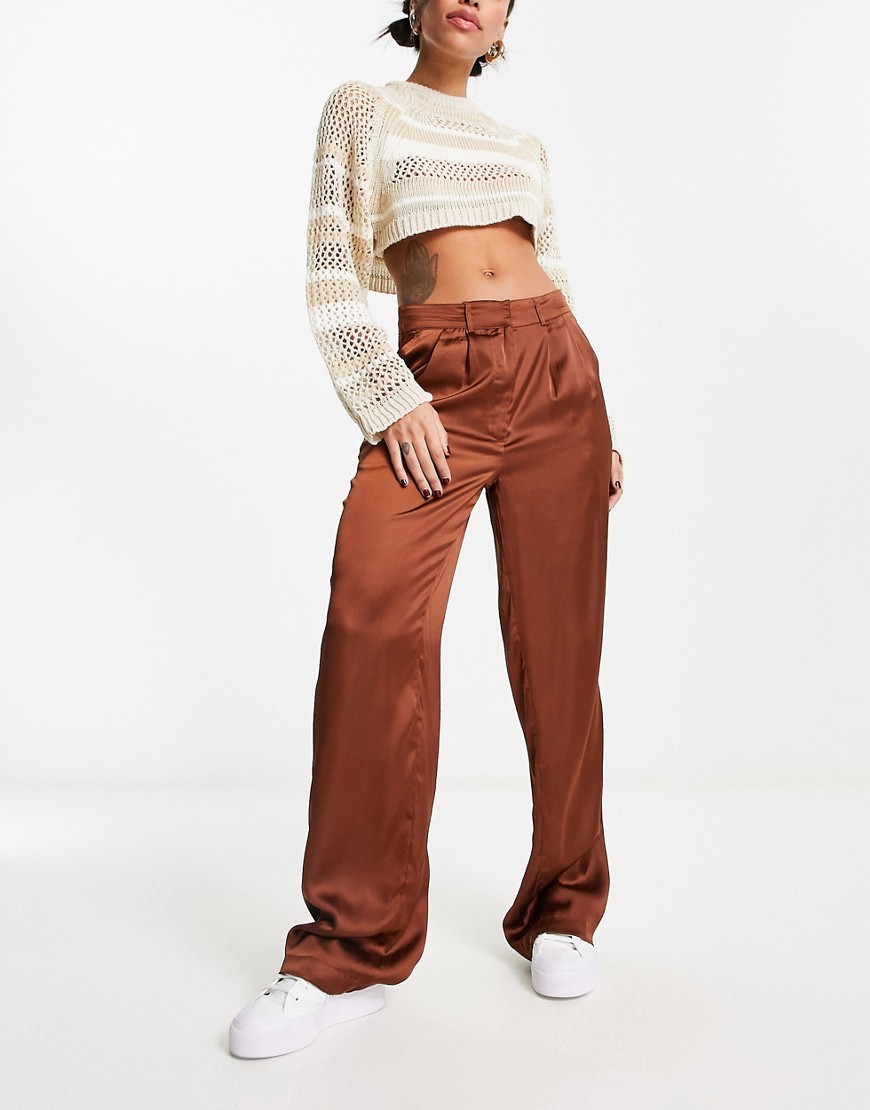 Noisy May satin wide leg pants in rust-Brown