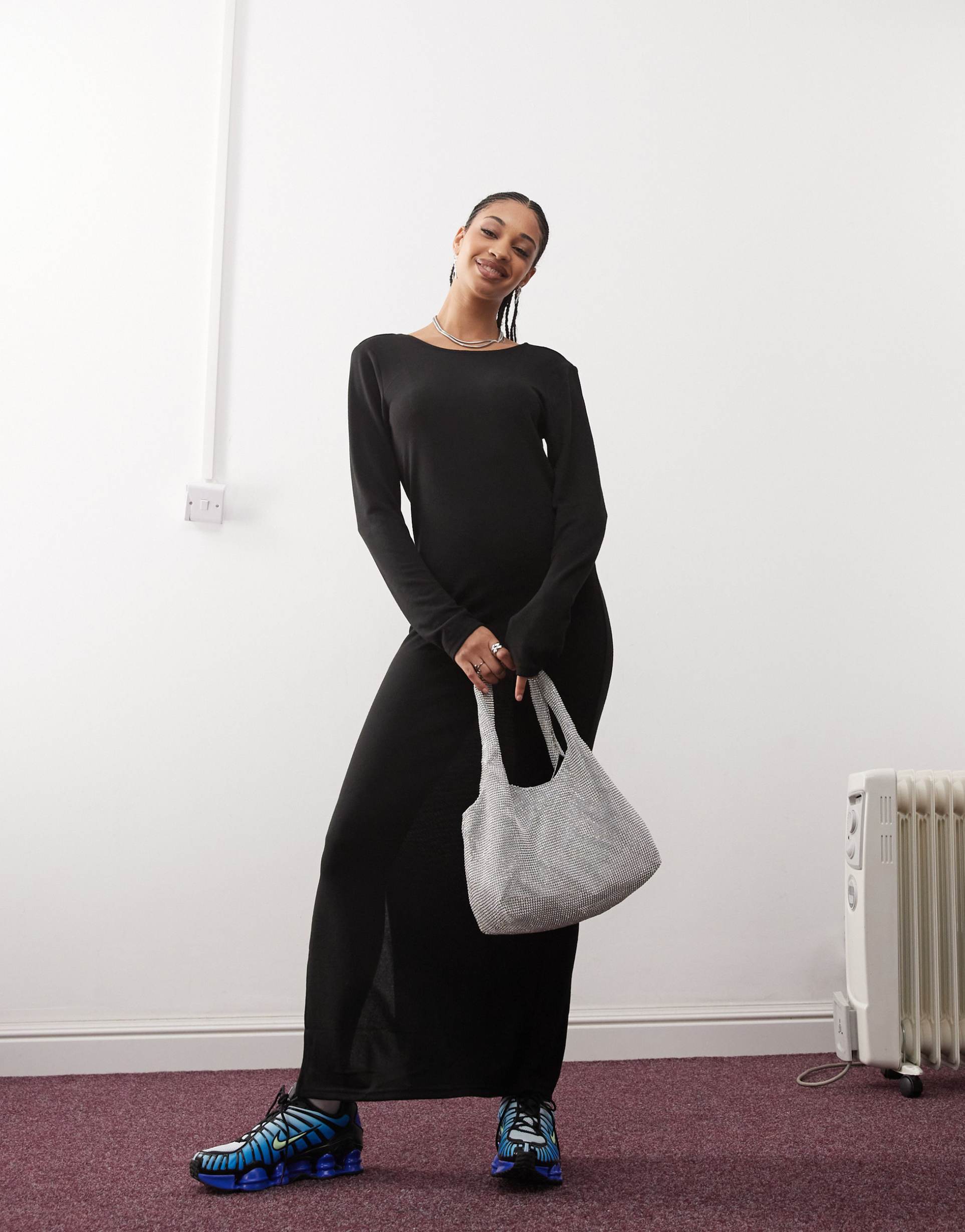 noisy may scoop back knit maxi dress in black texture