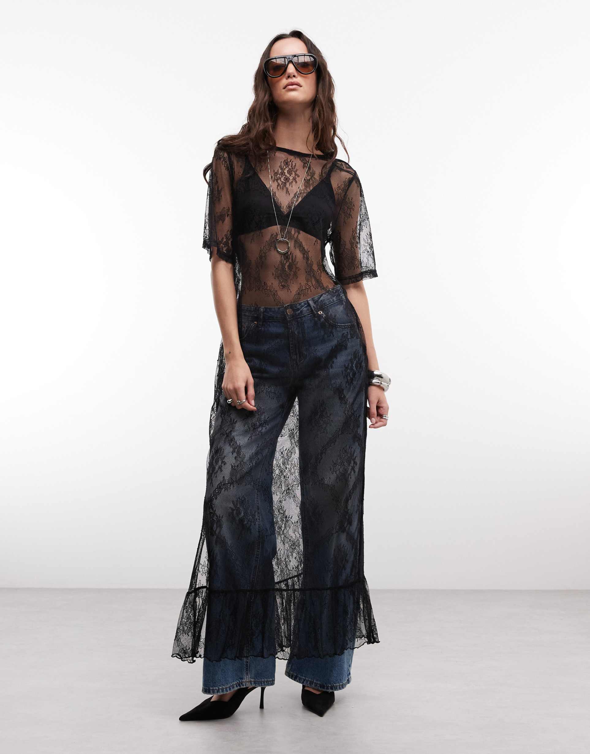noisy may scoop back sheer lace maxi dress in black