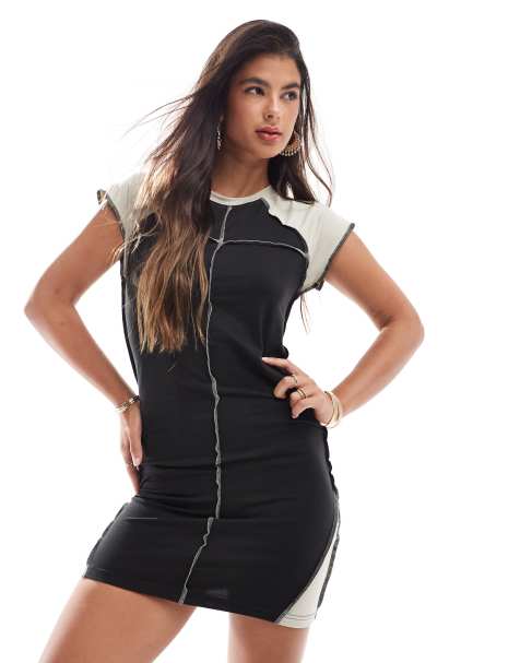 Noisy May seam detail cap sleeve dress in black & beige - view 1