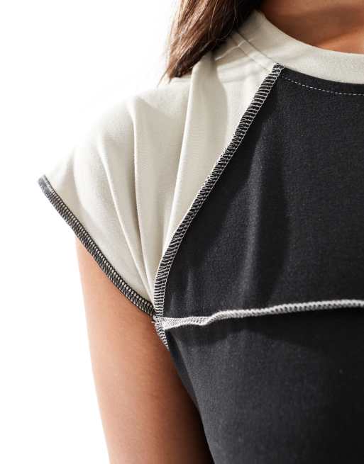 Noisy May seam detail cap sleeve dress in black & beige, 3 of 4
