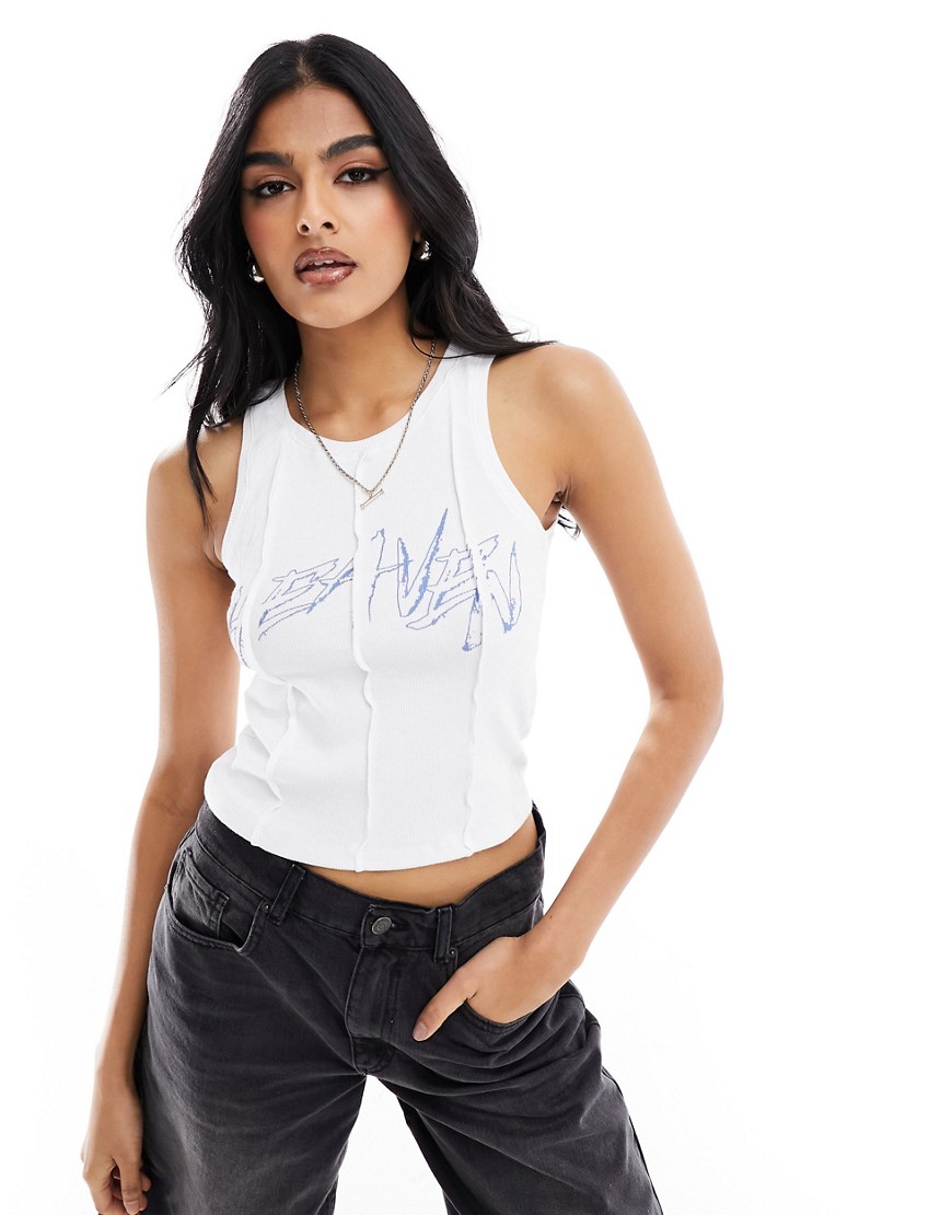 Noisy May seam detail tank top with heaven print in white