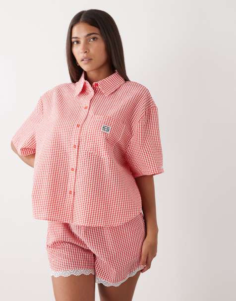 Noisy May seersucker boxy shirt co-ord in red gingham - view 1