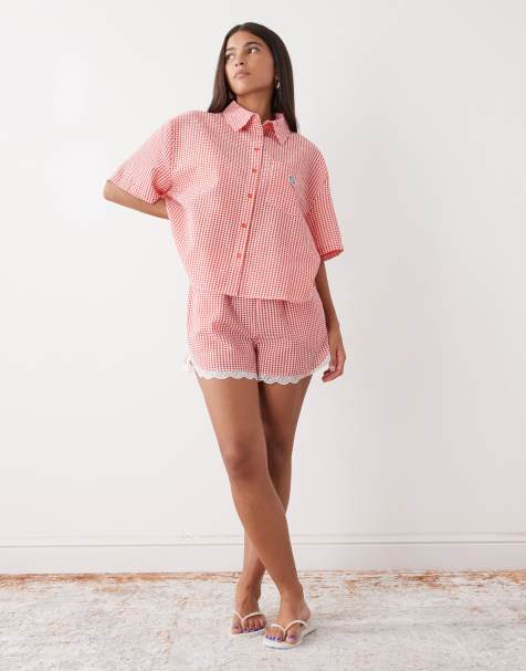 Noisy May seersucker boxy shirt in red gingham - part of a set - view 1