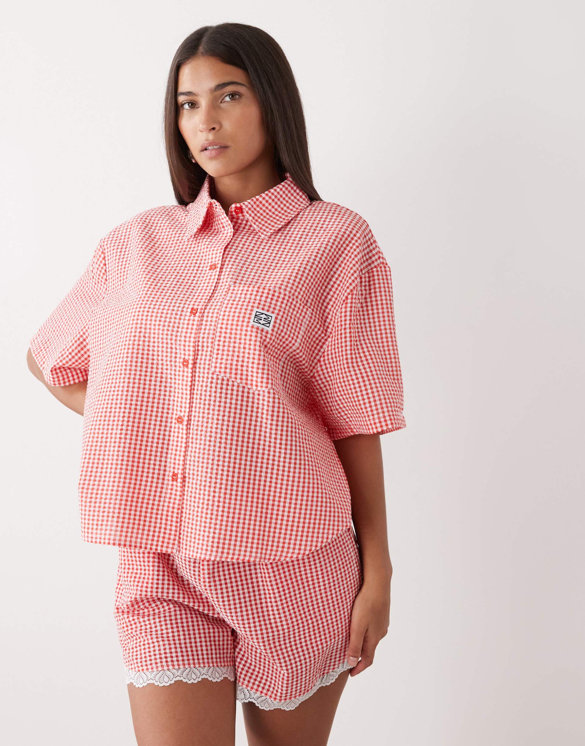 noisy may seersucker boxy shirt in red gingham - part of a set