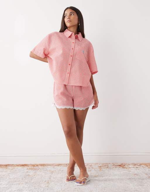 Noisy May seersucker boxy shirt in red gingham - part of a set, 2 of 4