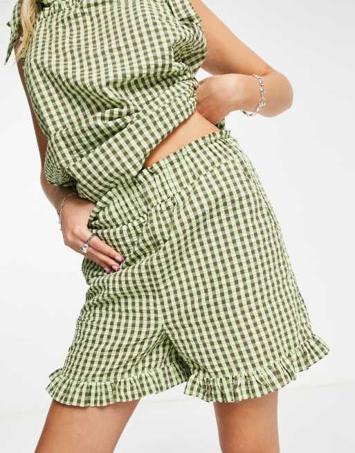Noisy May seersucker ruffle trim shorts in green gingham (part of a set)