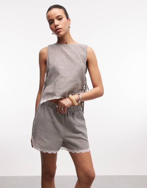 Noisy May seersucker short co-ord with lace trim in chocolate gingham - view 1