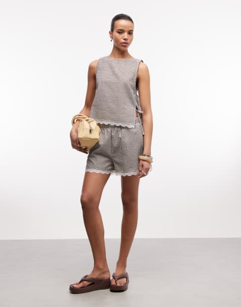 Noisy May - Seersucker short en seersucker top met gestrikte zijkant en kanten rand in chocoladebruine gingham ruit - view 1