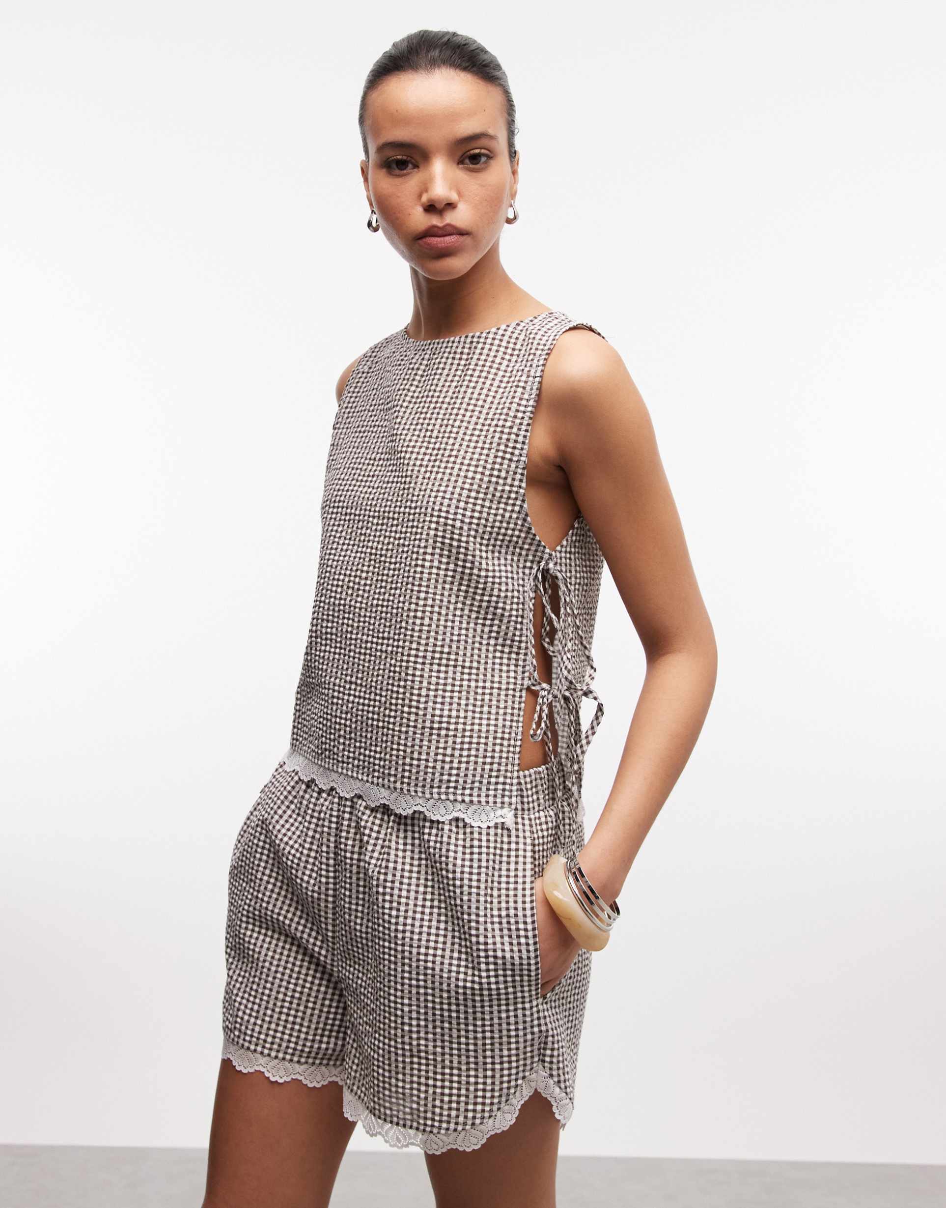 noisy may seersucker side ties top with lace trim in chocolate gingham - part of a set