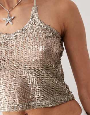 Noisy May Sequin Halter Neck Top In Gold