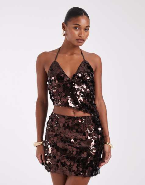 Noisy May sequins mini skirt co-ord in brown - view 1