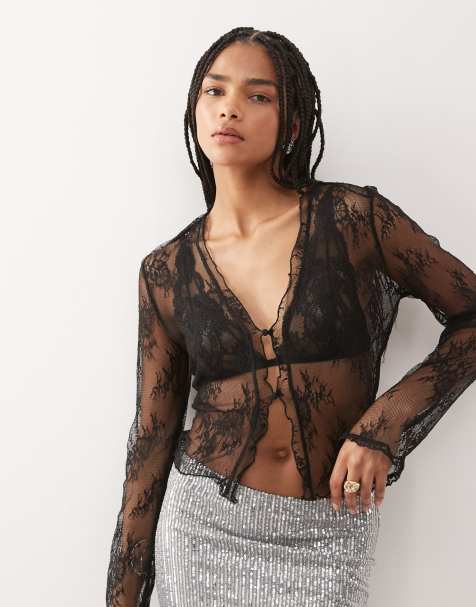 Noisy May sheer lace cardigan in black - view 1