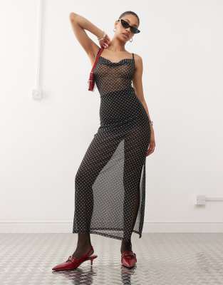 sheer maxi dress in black polka dot