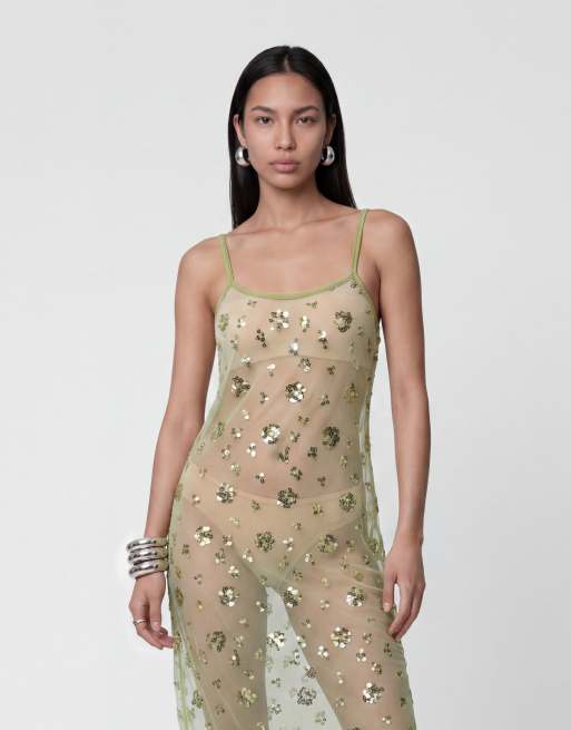 Noisy May sheer sequin maxi dress in lime, 3 of 4