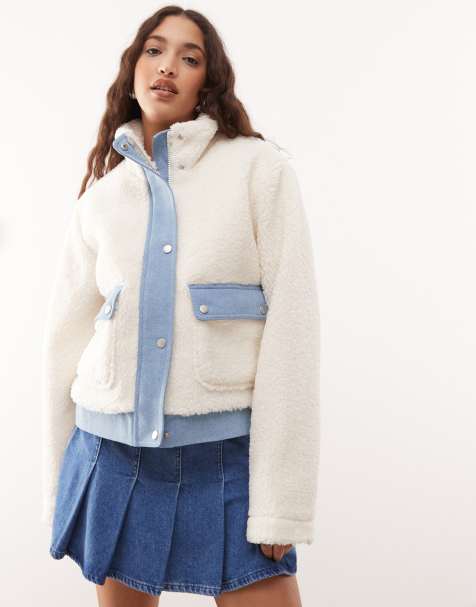Noisy May sherpa bomber jacket  with denim insert in cream - view 1